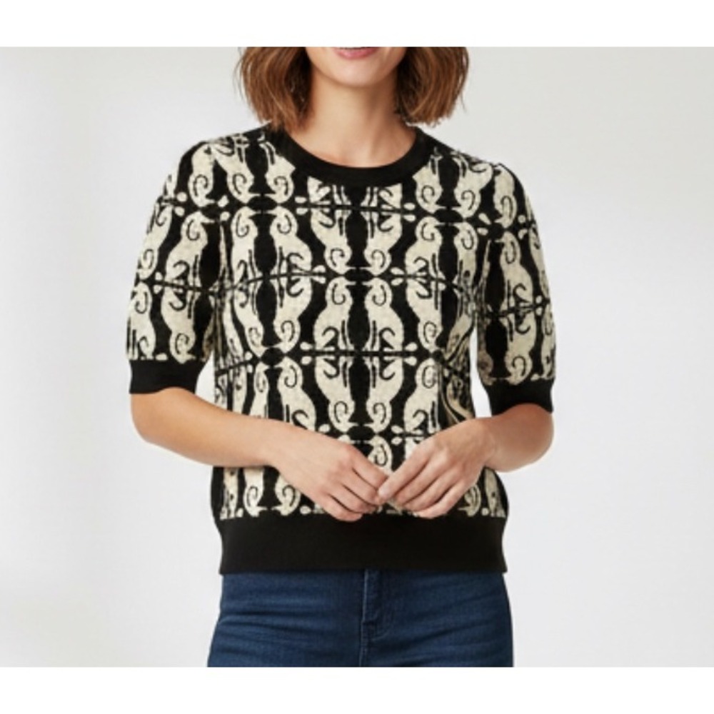 MAEVE Anthropologie BLACK & CREAM Short Puff Sleeve Sweater POODLE DOGS sz M